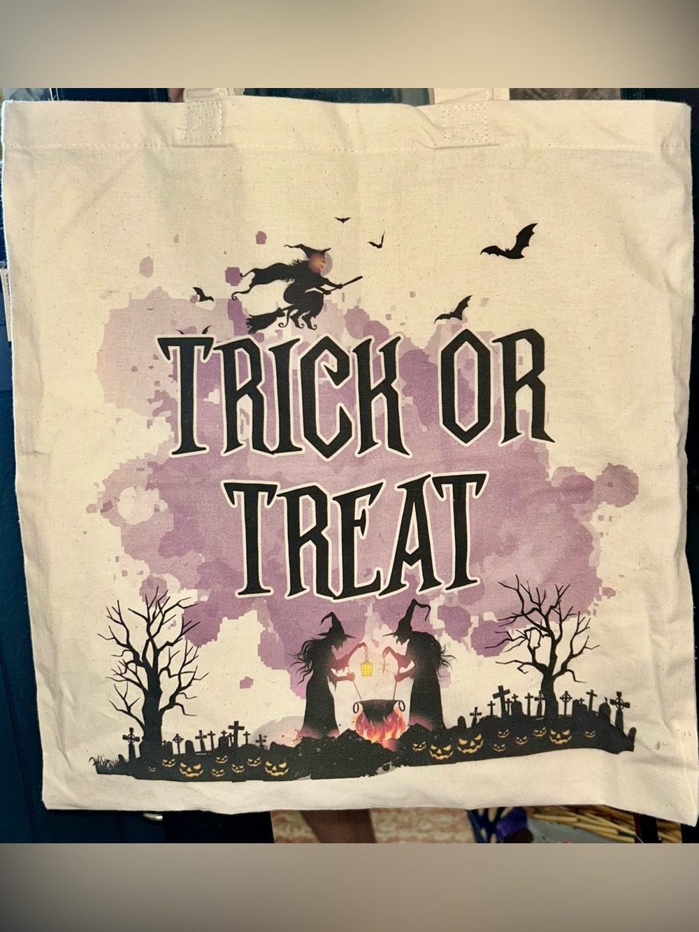 Kids Trick or Treat Costume Tote Bag - Purple/Black 18X16” Free Toy Included